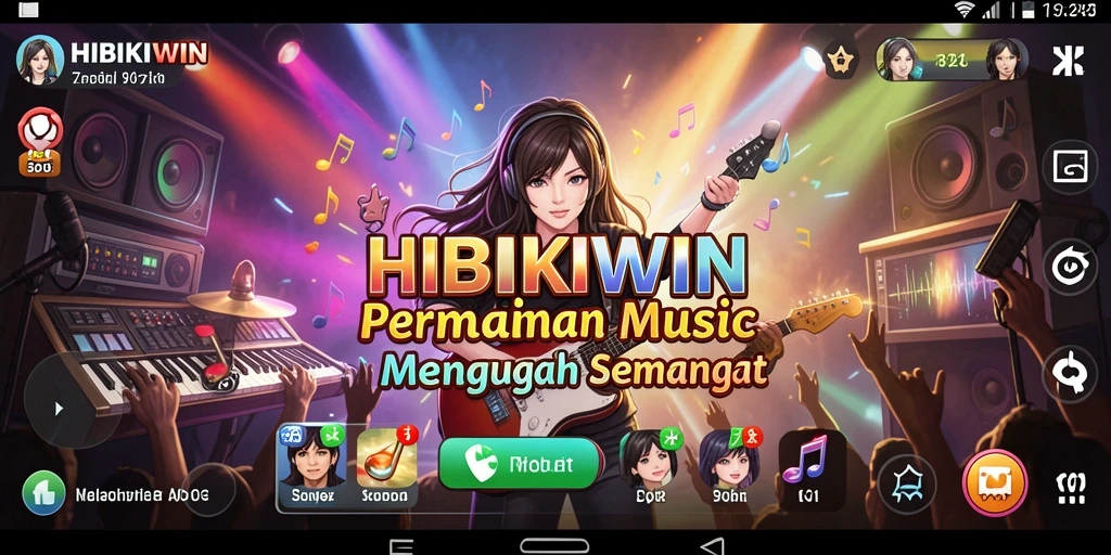 Tampilan interaktif HIBIKIWIN saat bermain musik dengan berbagai pilihan lagu.