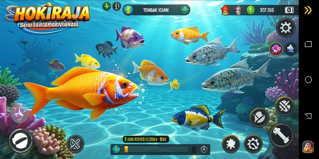 Screenshot gameplay HOKIRAJA yang menunjukkan aksi Tembak Ikan seru.