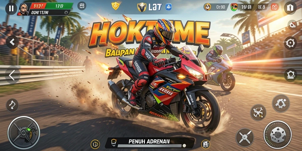 Screenshot gameplay HOKITIME menampilkan balapan motor yang seru.