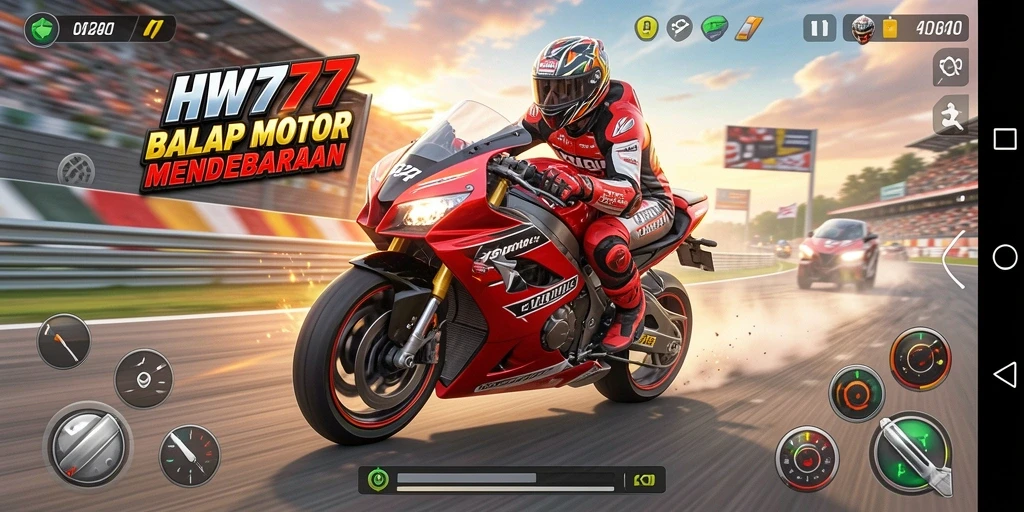 Screenshot HW777 menunjukkan aksi balap motor yang memukau dengan grafis yang spektakuler.