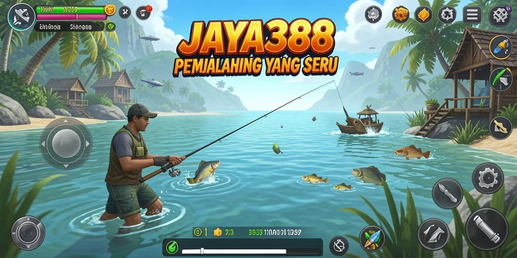 Screenshot utama JAYA388 menampilkan pemain yang sedang memancing di danau indah.
