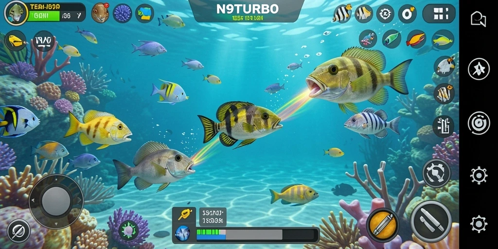 Tampilan gameplay menarik dari N9TURBO saat menembak ikan.
