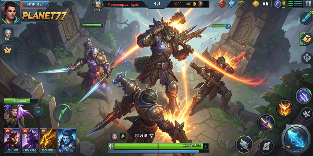 Tampilan thrilling dari gameplay <strong>PLANET77</strong> MOBA yang seru.