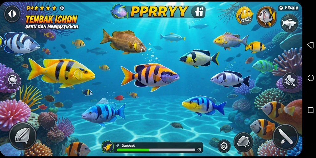 Screenshot gameplay PPRRYY yang menampilkan aksi menembak ikan.