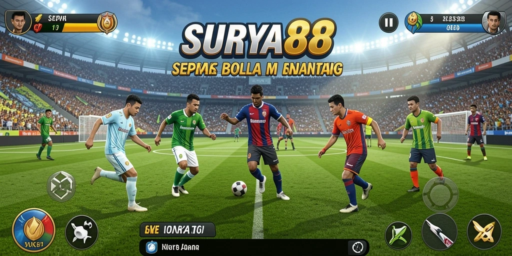 Tangkapan layar gameplay SURYA88 dengan aksi sepak bola yang seru.